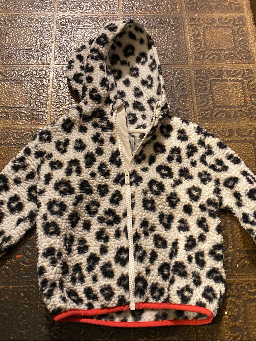 Old Navy Cream and Black Leopard Print Sherpa Hoodie with Red Trim